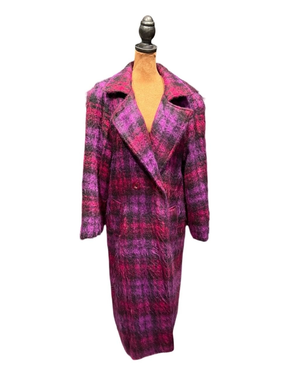 Vintage Paul Levy Purple & Pink Plaid Mohair Wool Long Coat